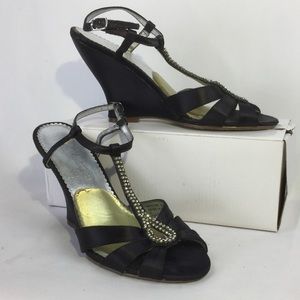 Black Satin Wedge Heel with Rhinestone T-strap
